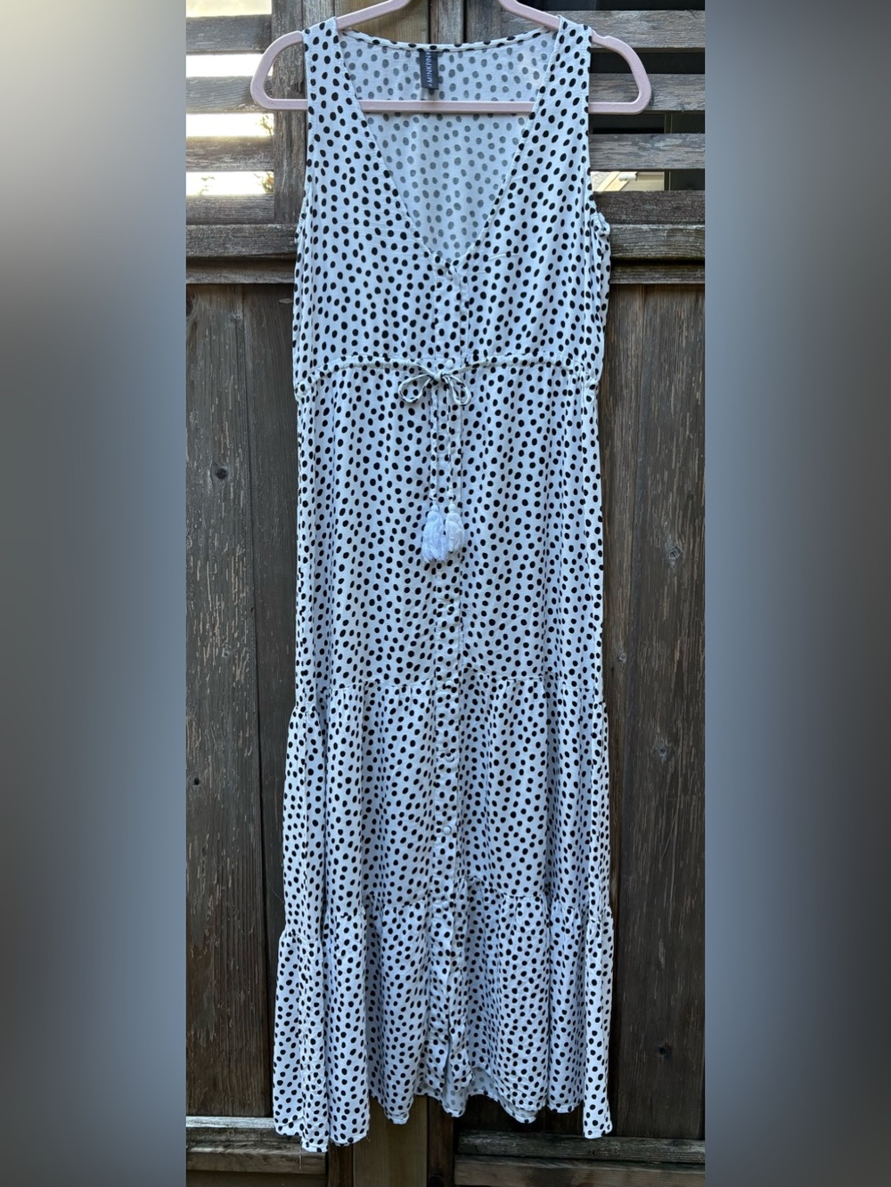 MINKPINK White Black Polka Dot Sleeveless Cinch Waist Tassel Midi Dress Small